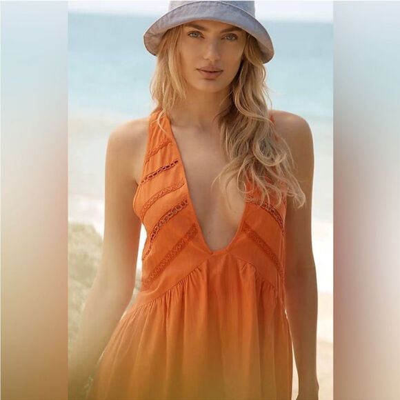 New Anthropologie V-Neck Back-Cutout Mini Dress - Large, Red Orange - Picture 1 of 11